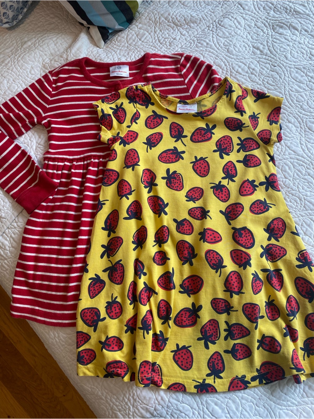 Hanna Andersson Girls Dresses (2) strawberry print and a red stripe long sleeve